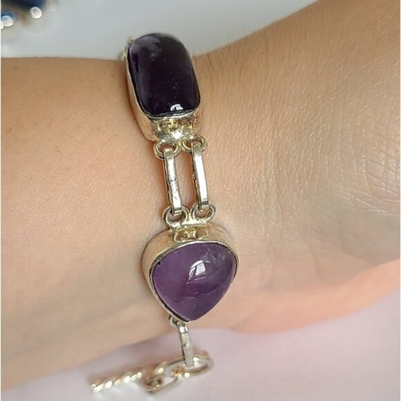 Vintage Boho Purple Amethyst Gemstone Chunky Sterling Silver Chain Bracelet - Picture 5 of 9